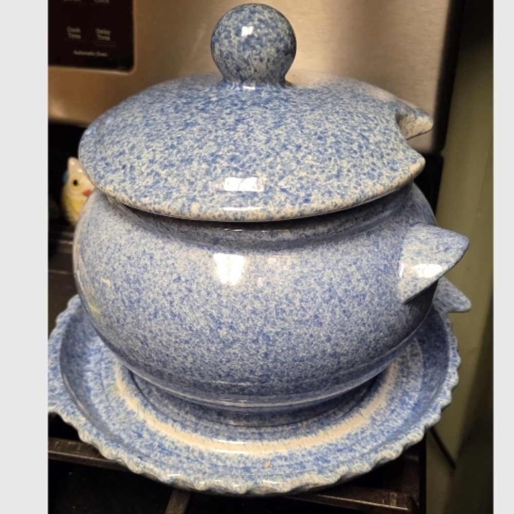 Vintage 50s ? Speckled Blue Ceramic Covered Soup Tureen with Underplate,ladel